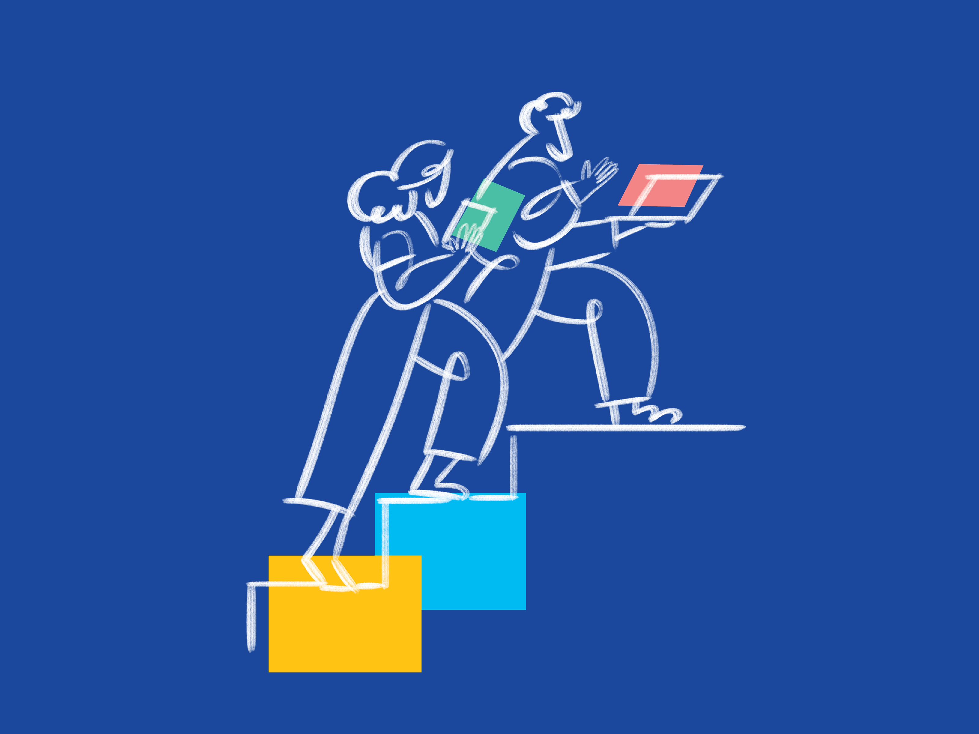 Sketch of 2 person going up staircase with laptops